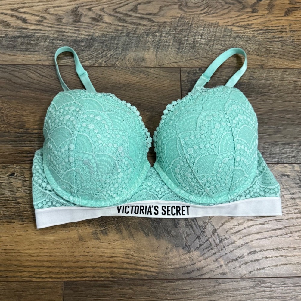 Victoria's Secret Perfect Shape Lace Bra Mint Green 36C Underwire Logo Band